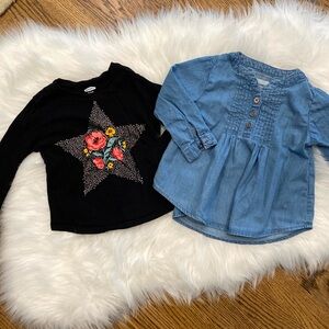 18m Longsleeve lightweight jean blouse and stretchy black star floral tee.